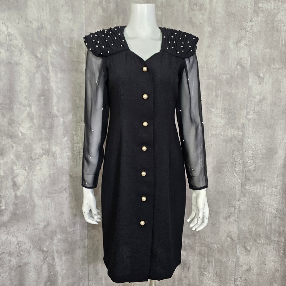 Vintage 80s Handmade Black Pearl Beaded Sheer Sleeve Cocktail Party Dress Midi